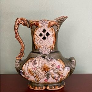 🍀Rare German Majolica Khaki Green Floral Pitcher